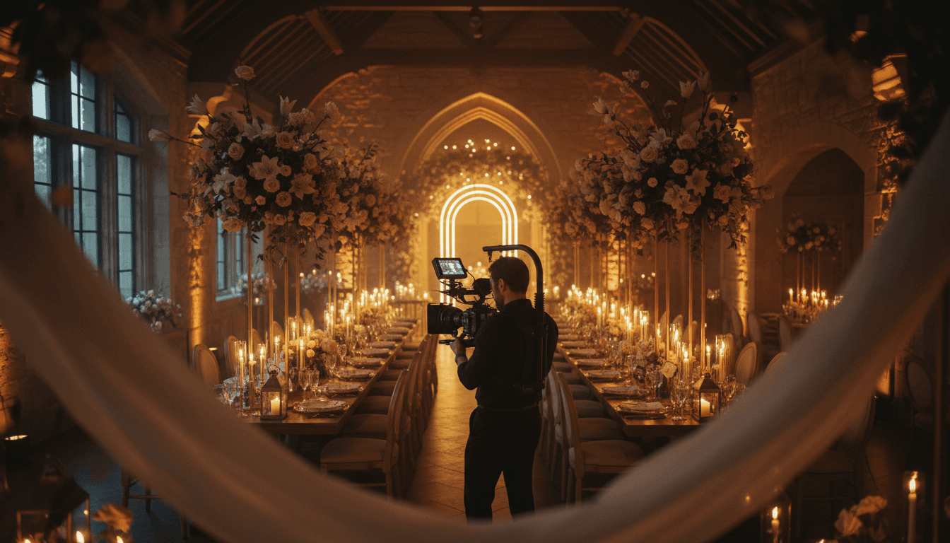 Elegant video guestbook station at wedding reception with professional setup and decorative elements