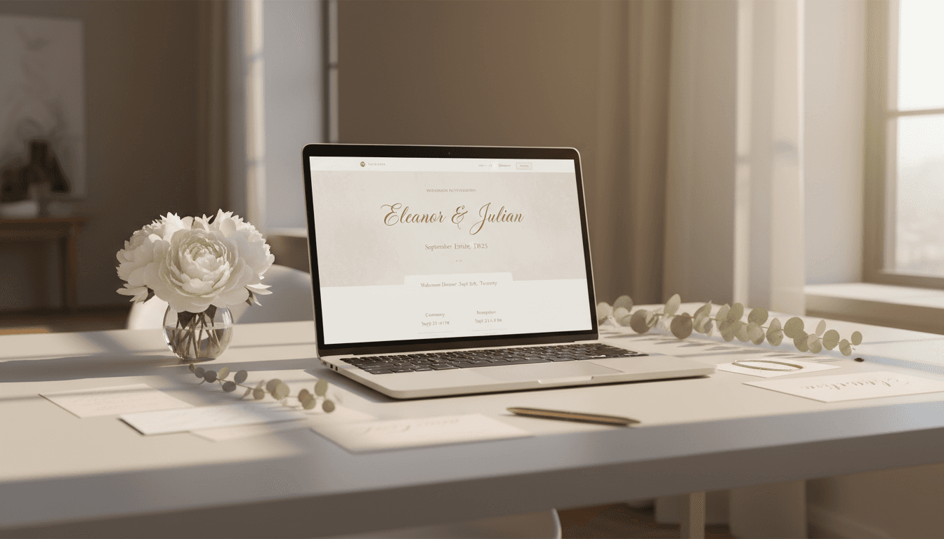 Decorated video guestbook station with elegant florals and signage at an event