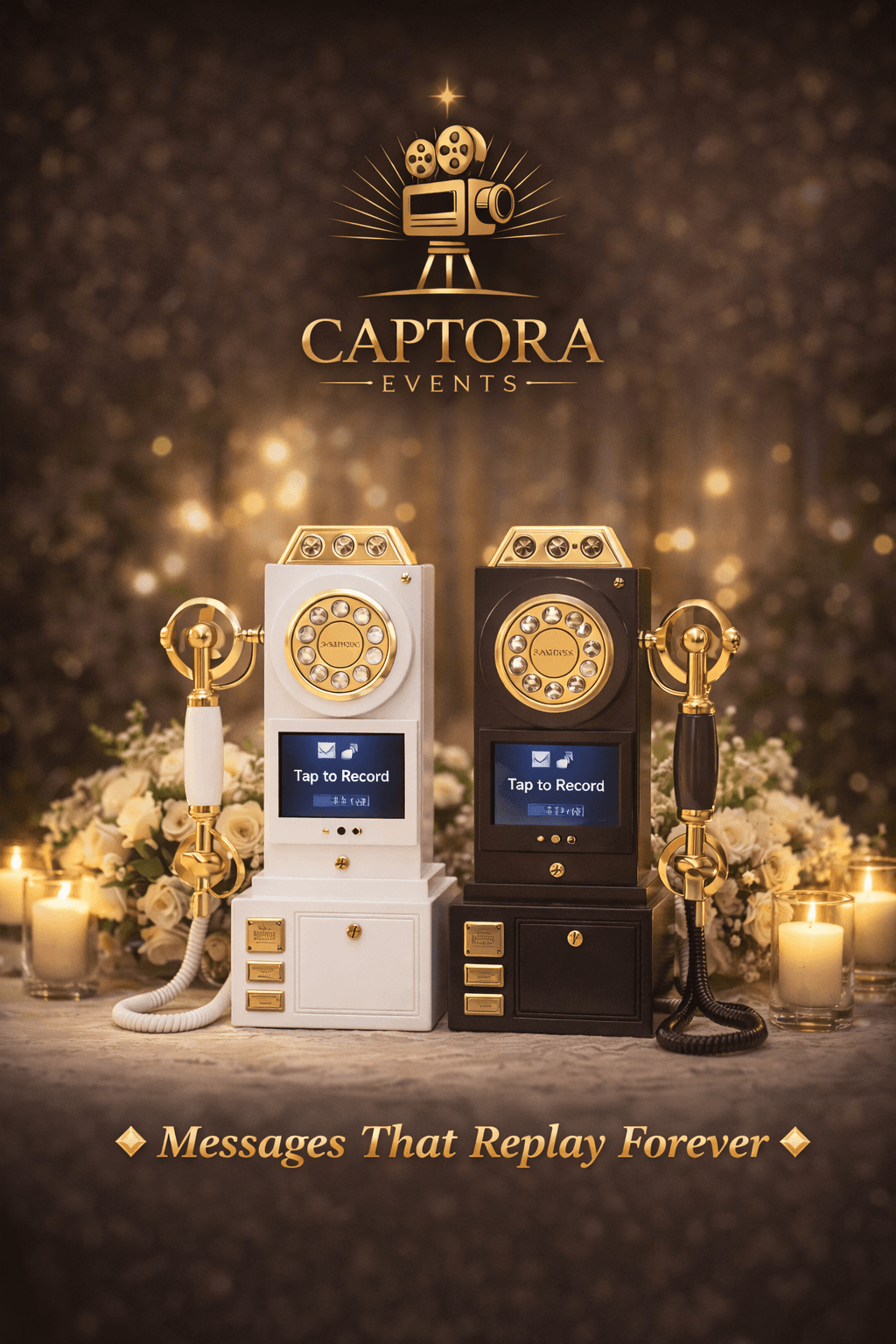 White and black vintage-style audio guestbook phones with gold accents and digital touchscreens.