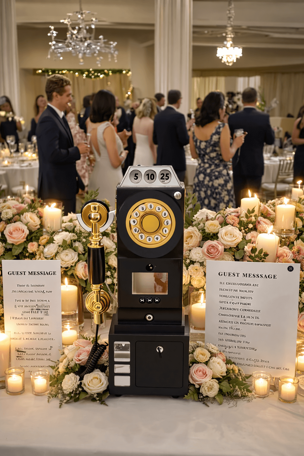 Vintage rotary payphone guest book surrounded by roses and candles at a formal wedding reception.
