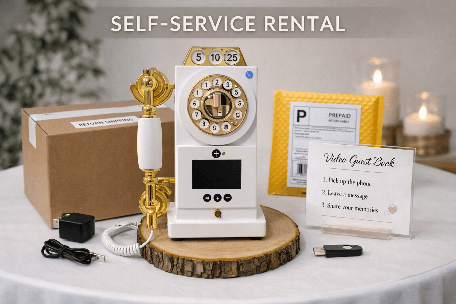 White and gold vintage rotary phone video guest book displayed on a rustic wood slice.