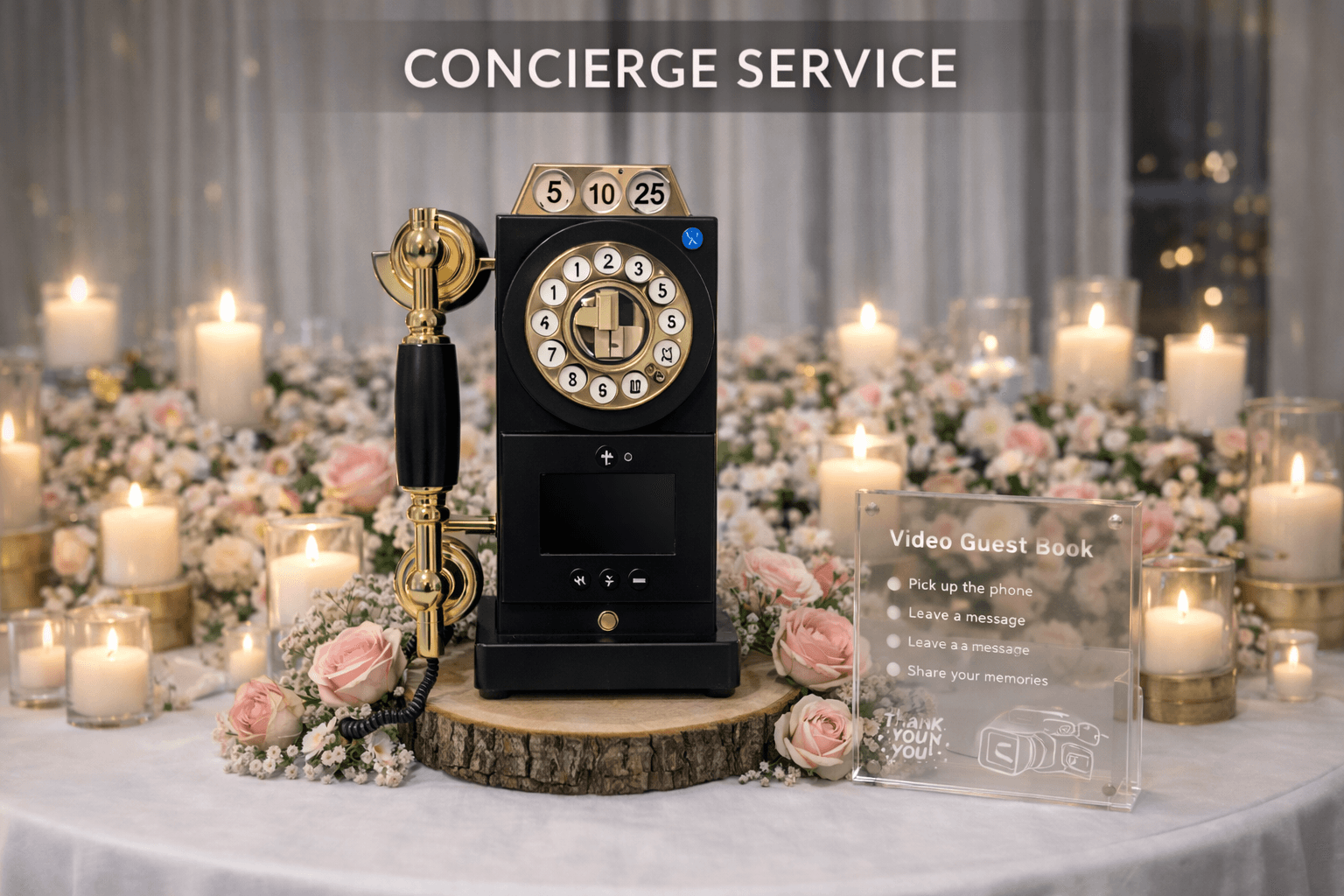 Vintage black and gold rotary phone video guest book amidst pink roses and lit candles.