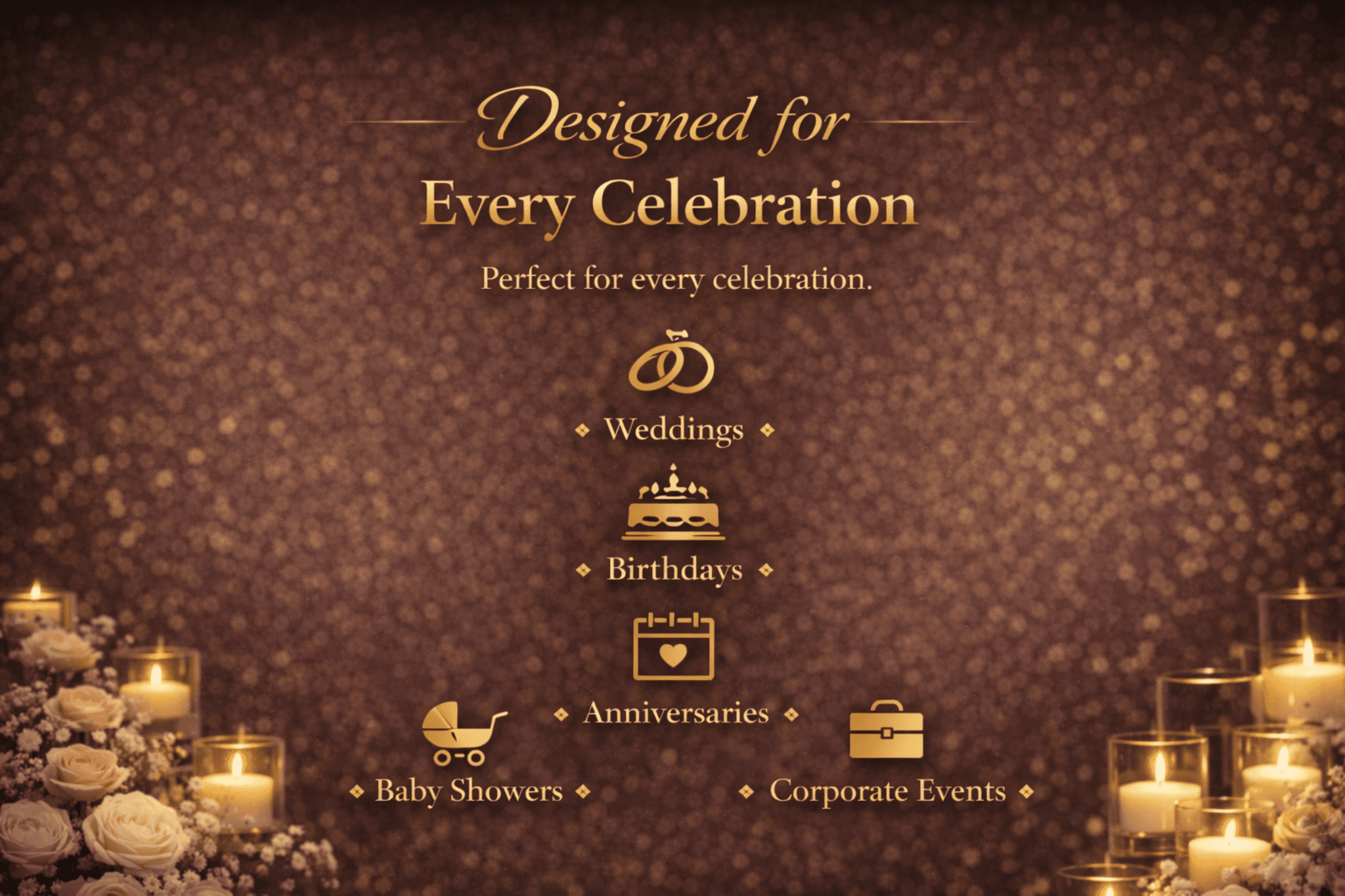 Gold text listing celebrations like weddings and birthdays against an elegant, glittery, candlelit background.