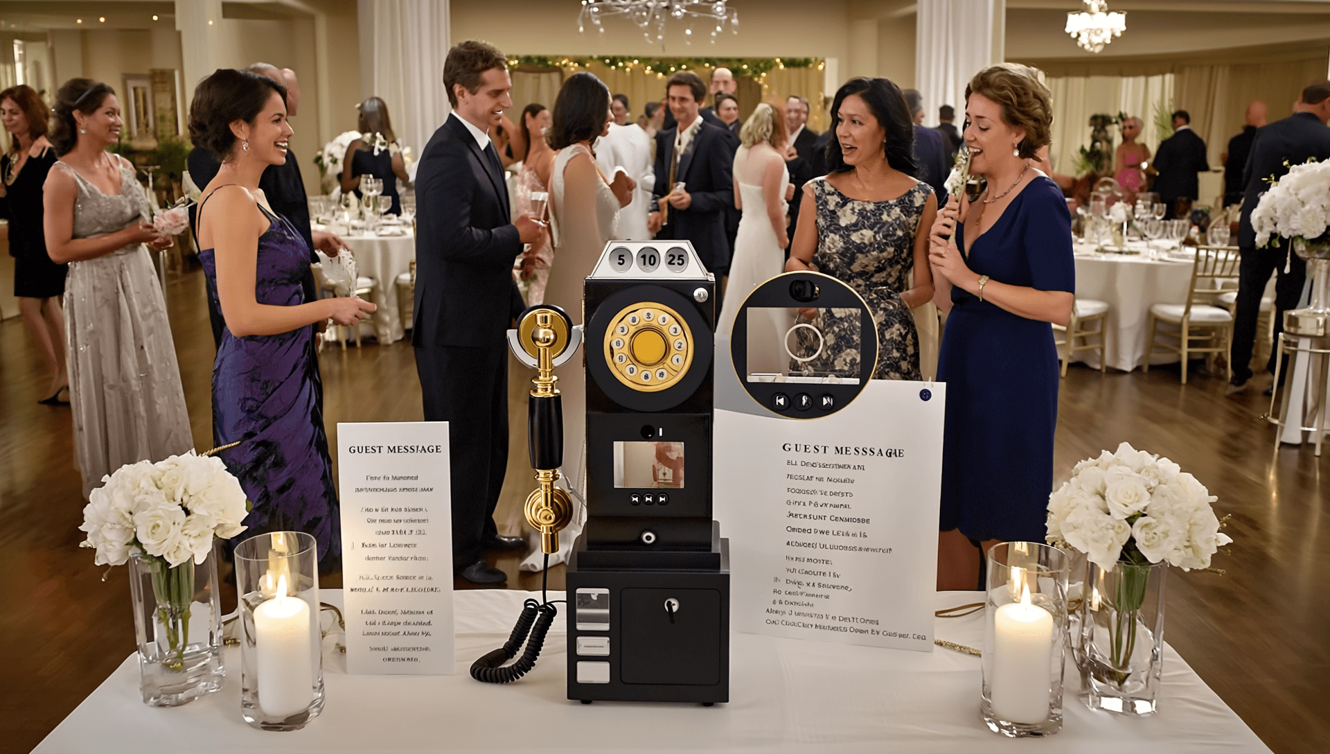 Guests in formal attire gather around a vintage rotary phone guest book at a wedding.